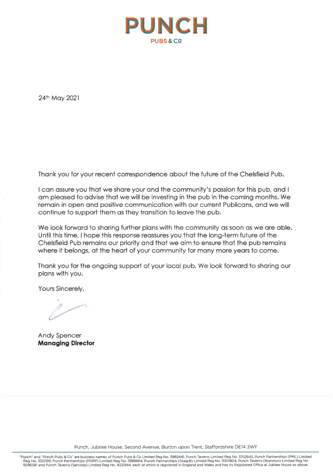 A statement from Andy Spencer, Managing Director of Punch Pubs
